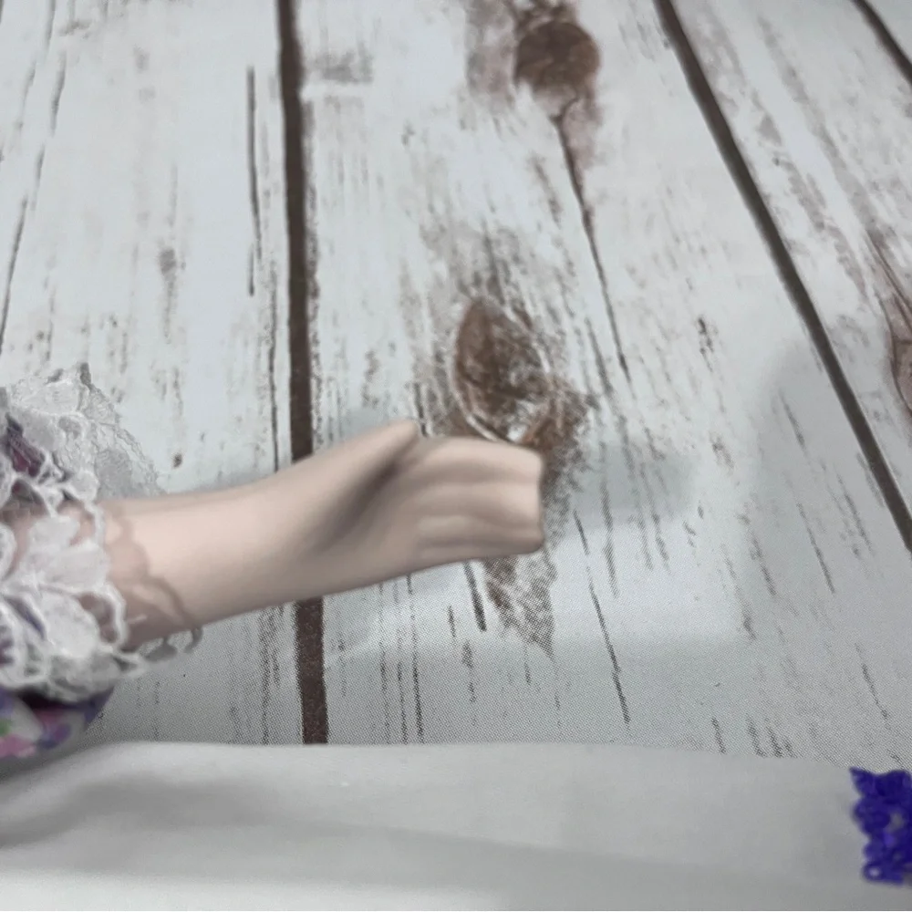 Porcelain Doll with purple floral dress and‎ Hat vintage